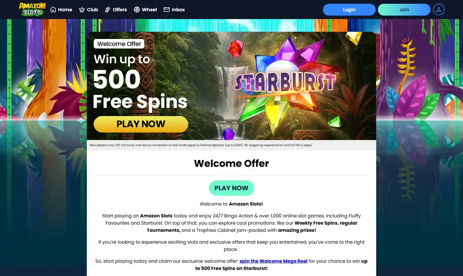 Current Amazon Slots welcome offer and Mega Reel promotion page