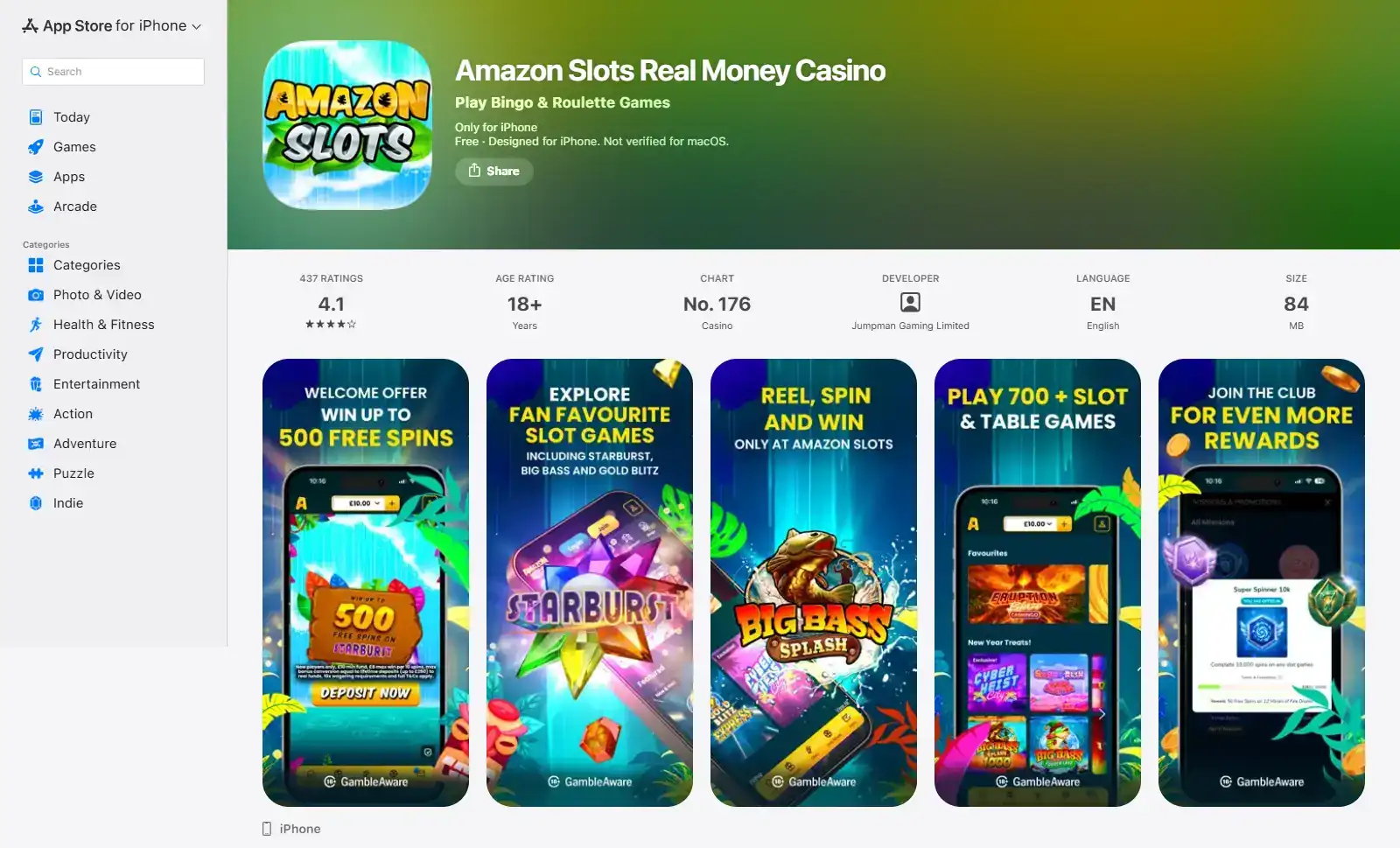 Amazon Slots iPhone App Store listing on a mobile screen
