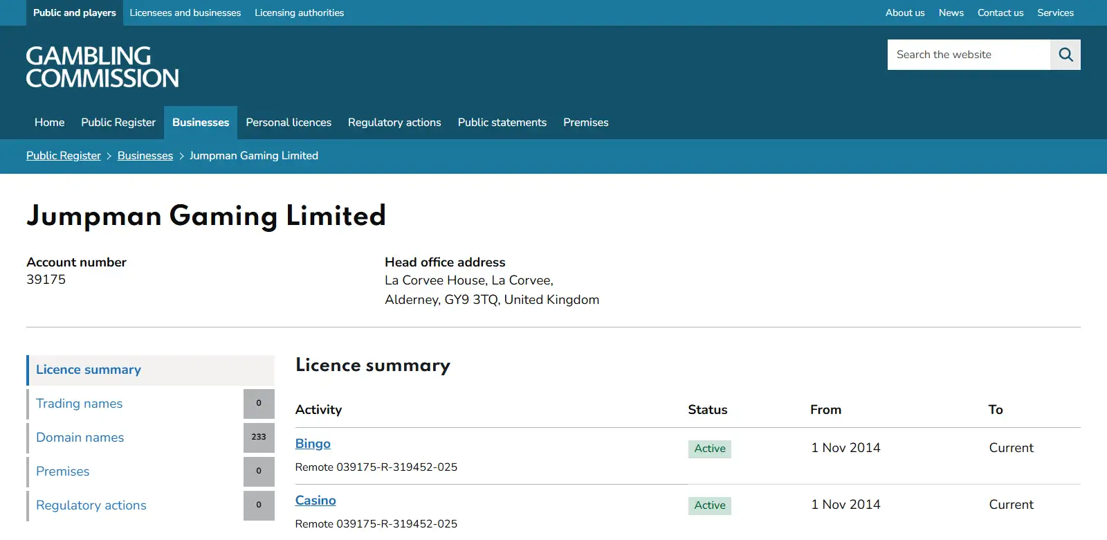 UK Gambling Commission public-register entry for Jumpman Gaming Limited and Amazon Slots