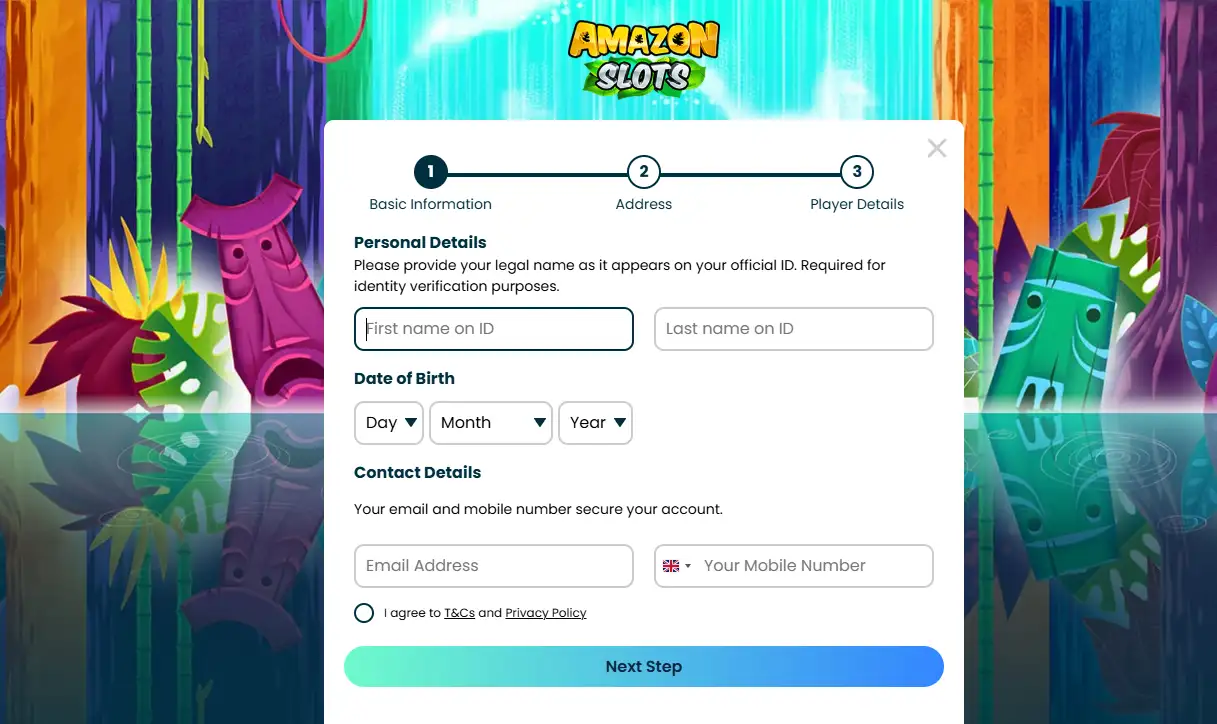 Current Amazon Slots registration or account-start screen