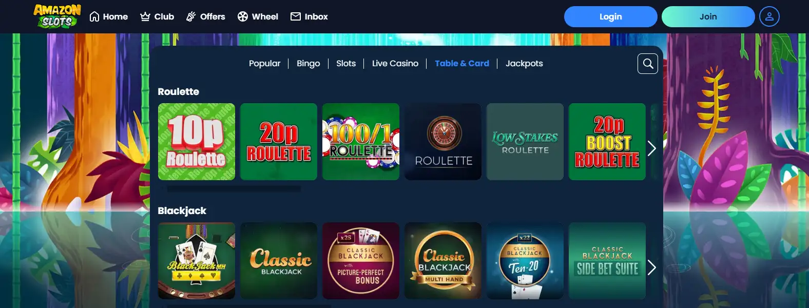 Current Amazon Slots online casino game lobby and category navigation