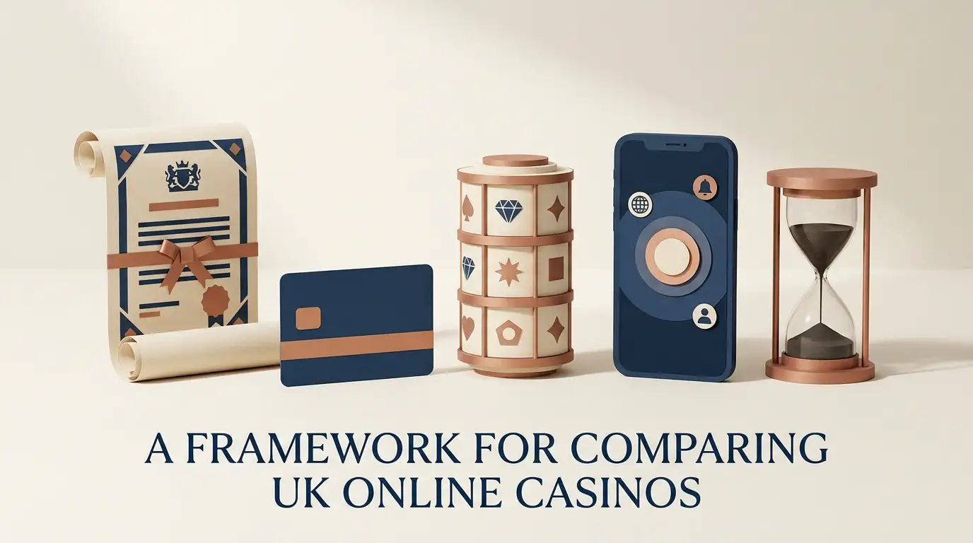 Editorial illustration of licence, payments, games, mobile and withdrawal decision factors for a UK casino