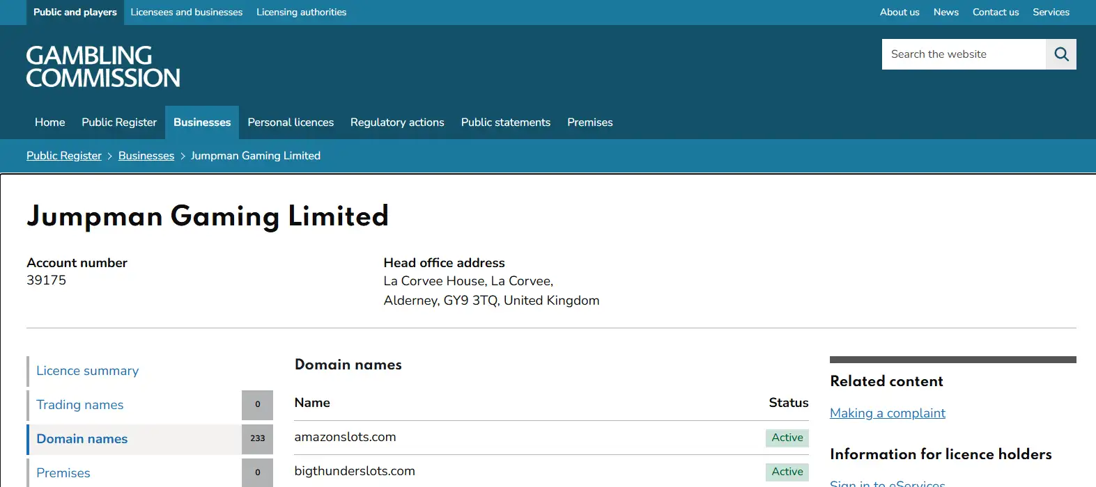 UK Gambling Commission register entry for Jumpman Gaming Limited and Amazon Slots